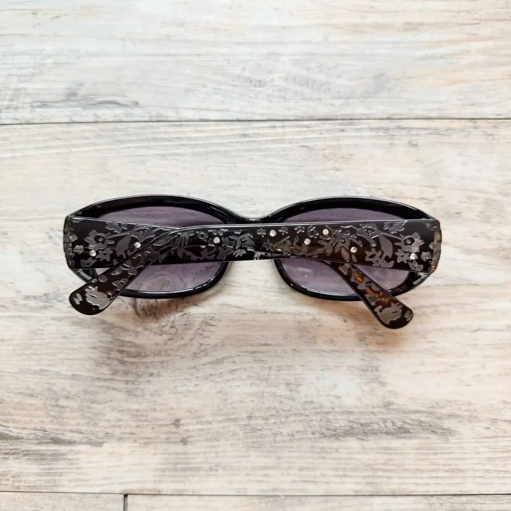 Y2K Foster Grant Black Floral Rhinestone Sunglasses Gray Rectangle Wrap Frame